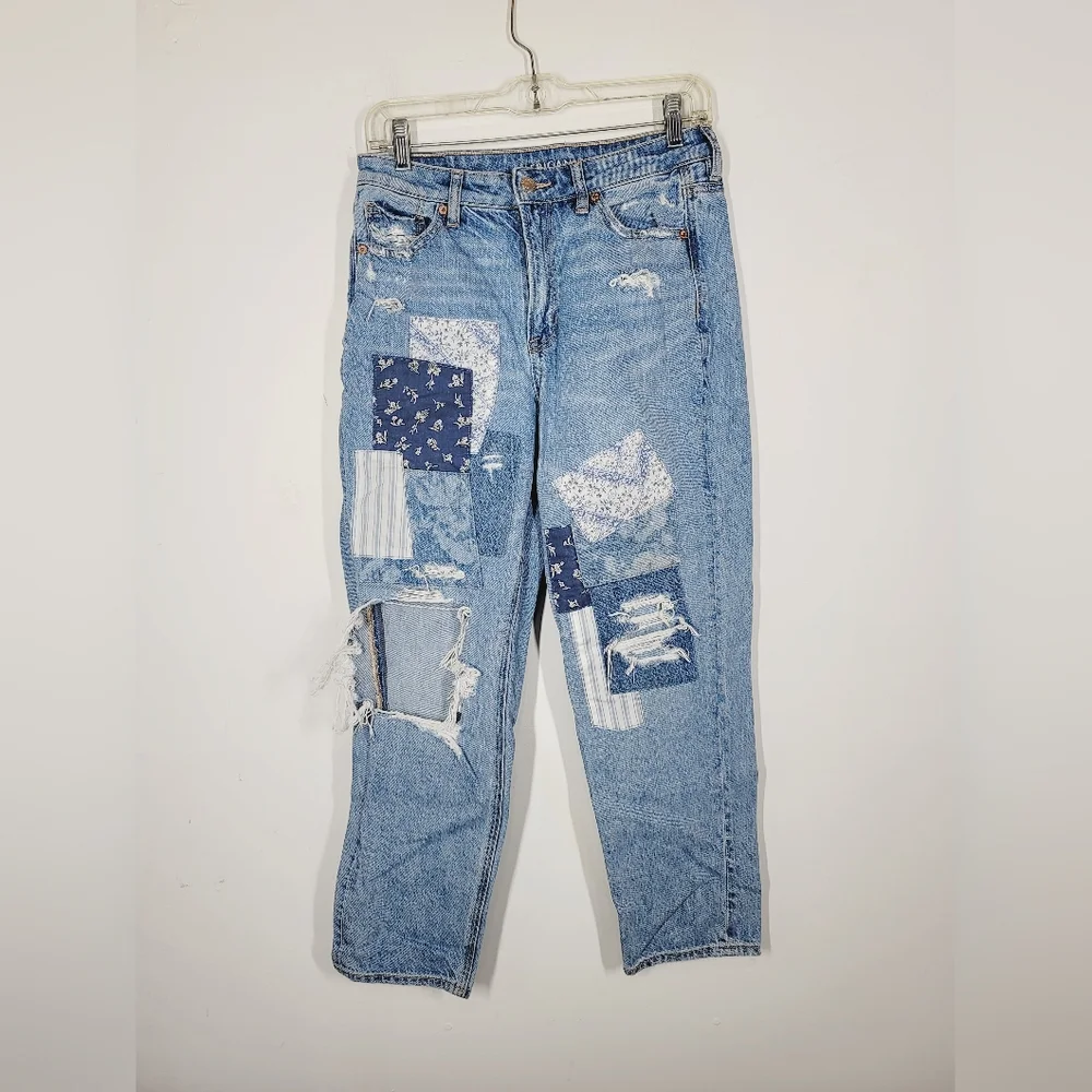 American Eagle Mom Straight Leg Patchwork Jeans, Size 4